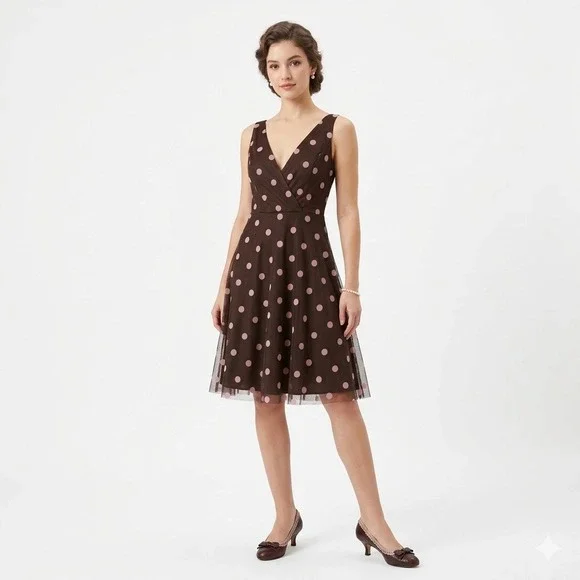 Vtg 90s Y2K A. Byer Midi Dress Sm Brown Pink Polka Dot Mesh Overlay Fit & Flare - Picture 1 of 6